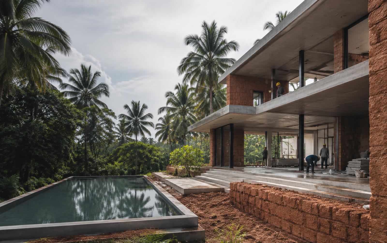 Modern villa under construction among palm trees in North Goa